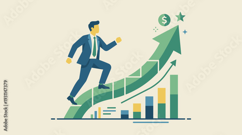 Businessman in a professional suit climbing up a rising green arrow graph representing financial growth and career success. Flat vector illustration of achievement, investment, and progress.