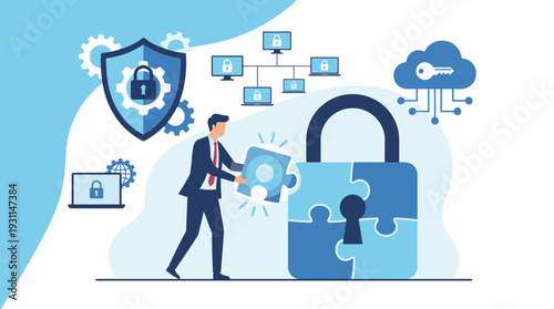 Businessman completing a jigsaw puzzle padlock for cybersecurity and data protection. Network security icons like shields, clouds, and computers illustrate firewall and antivirus solutions.