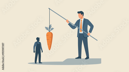 Businessman Holding a Carrot on a Stick Metaphor for Management Incentive, Employee Motivation, and Corporate Leadership, Vector Illustration of Reward System and Workplace Power Dynamics Strategy.