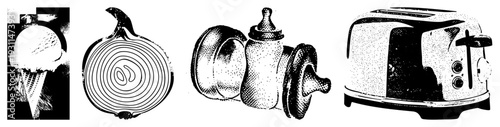 Classic halftone rendered kitchen items ice cream cone, sliced onion, baby bottle, retro toaster stylized vector graphics with dot texture.