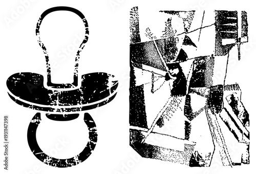 Retro style pacifier with distressed texture, halftone printing effect, baby accessory, infant dummy, nursery item, stylized graphic, design.