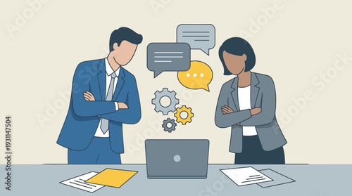 Professional corporate communication concept with businessman and businesswoman discussing project at desk with laptop, speech bubbles and gears representing collaboration, teamwork, and strategy.