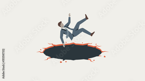 Businessman in a suit falling into a deep dark hole with cracked edges, representing business failure, financial crisis, economic recession, professional risk, mistake, and unexpected danger.