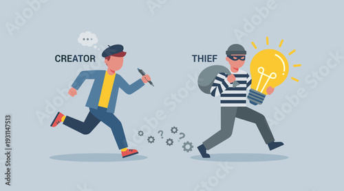 Creator Chasing Thief Stealing a Glowing Lightbulb Idea Vector Illustration. Concept of Intellectual Property Theft, Plagiarism, and Borrowing Creative Ideas in Business and Art Metaphor.
