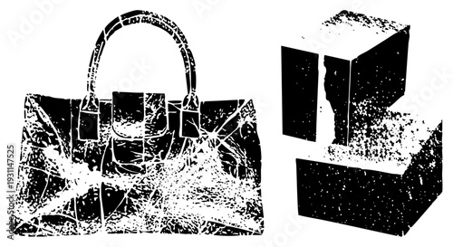 Distressed leather handbag with textured crackle, abstract geometric cube, vector art, fashion accessory illustration, graphic design element.