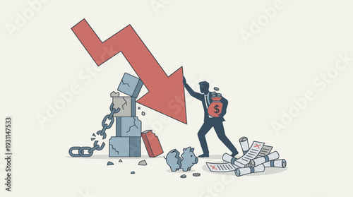 Businessman silhouette struggling against a massive red downward arrow symbolizing financial crisis, economic crash, bankruptcy, debt, broken piggy bank, unpaid loans, and business failure.