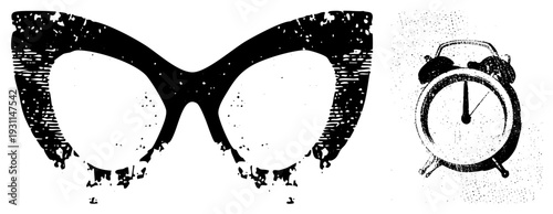 Retro cat eye sunglasses with textured frame, vintage alarm clock with bells, vector art, isolated graphic elements, stylized silhouette design.