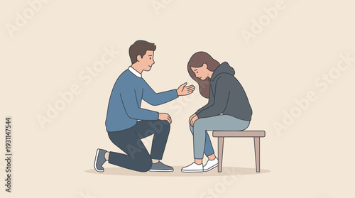 Man Offering Support and Comfort to a Sad Unhappy Woman Sitting on a Bench, Mental Health Awareness, Depression Recovery, Empathy and Compassion Concept, Helping Hand, Flat Vector Illustration