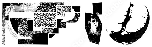 Fragmented graphic composition with bold black shapes, halftone textures, and distressed, vector art, modern abstract design, graphic element.