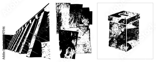 Dynamic vector compositions of fragmented shapes, halftone textures, and angular geometry, rendered in stark for graphic design or use.