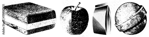 Black and white halftone illustrations of food items and objects, stylized graphic design, vintage print aesthetic, vector foreground elements.