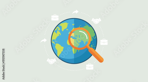 Global Business Search and International Market Opportunity Concept with Earth Globe, Magnifying Glass, Handshake, and Briefcase Icons Representing Globalization, Trade, and Economic Vision.