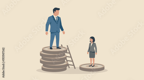 Gender Inequality and Pay Gap in Corporate Business Concept with Businessman Standing on High Stack of Coins and Businesswoman on Single Coin, Representing Financial Disparity and Career Barriers