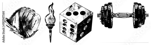 Baseball mitt, torch flame, die with pips, adjustable dumbbell retro sports, gaming, and fitness rendered in halftone style.
