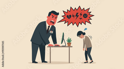 Angry Aggressive Boss Shouting at Sad Female Employee in Toxic Workplace Environment. Businessman Yelling with Hate Speech Bubble at Stressed Worker. Workplace Harassment and Racism Concept.