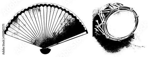 Classic folding fan with scalloped edge and drum set, halftone vector illustration, retro graphic design, music and fashion accessories.