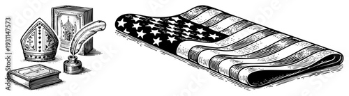 flag folded beside church books and bishop’s mitre, inkwell and quill, historical religious, symbolic fusion of faith and nation, engraved illustration.