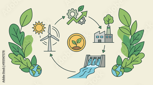 Green energy concept illustration of sustainable economic growth with renewable resources like solar, wind, and hydro power, circular economy cycle, eco-friendly industry, and global ecology.