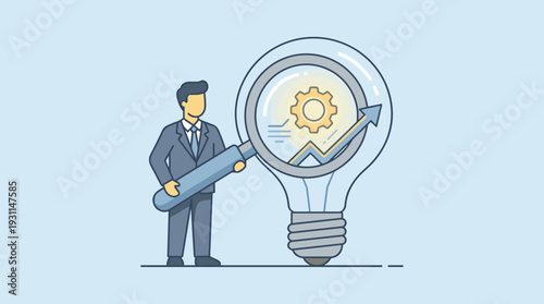 Businessman analyzing business insight through a magnifying glass inside a lightbulb with a gear and rising growth arrow, representing deep research for competitive advantage and innovation.