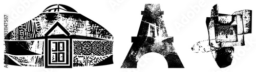 Stylized yurt, Tower, and abstract structure with halftone texture, vector silhouette art, cultural architecture, graphic design elements, black and white illustration.