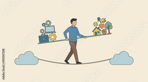 Man Walking on a Tightrope Balancing Work and Life Concept Illustration. Professional Male Figure Maintaining Harmony Between Career Responsibilities and Personal Lifestyle Activities Flat Vector