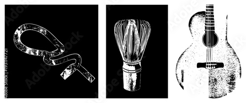 Retro style graphic of guitar, whisk, and quill pen in halftone texture, isolated vector, artistic vintage design, illustration.