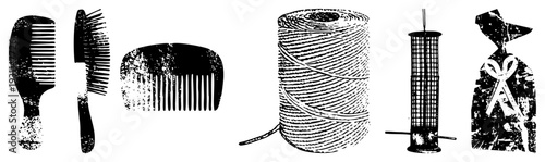 Classic grooming tools, spool of thread, bird feeder, scissors in vintage packaging, halftone texture, retro design, isolated objects.
