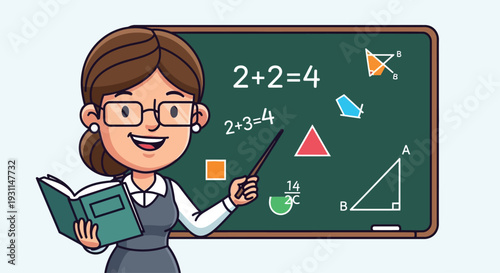 Female Teacher Explaining Math on Blackboard.