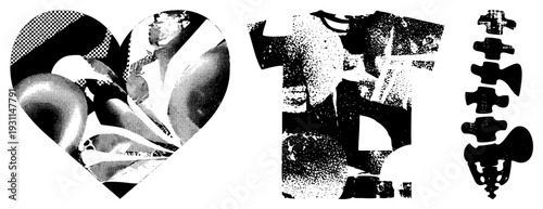 Black and white halftone graphics heart with human silhouette, distressed T shirt, puzzle pieces. Retro, glitch art, vector, isolated design elements.