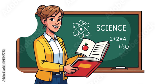 Female Teacher Holding Book Near Blackboard Science.