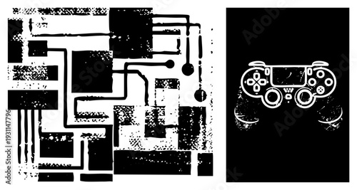 White gamepad with textured grain, abstract circuitry background, retro gaming aesthetic, digital interface design, vector illustration.