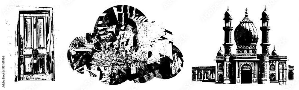 Fototapeta premium Antique wooden door with padlock, broken city ruins, ornate mosque with domes and minarets, halftone vector art, black and white illustration.
