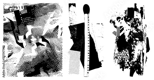 Fragmented halftone art composition, abstract geometric shapes, graphic design elements, vector collage, isolated matchstick motif, digital art piece, pop art influence.