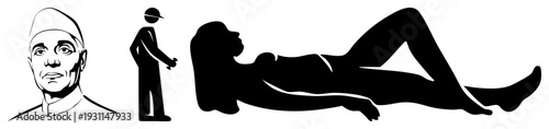 Stylized vector of a man in cap, a standing figure, and a reclining woman, all in black silhouette, minimalist design, isolated graphic elements.