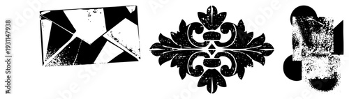 Black and white geometric shapes with grunge texture, abstract art motifs, modern graphic design elements, vector with noise effect.