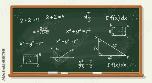 Green Chalkboard with Mathematical Equations and Diagrams.