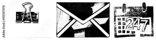 Retro style clipboard graphic with 24/7 calendar, paperclip, halftone texture, office symbol, business tool, digital asset.