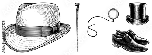 Classic male formal wear ensemble including fedora, walking stick, monocle, top hat, and, rendered in halftone engraving style for retro elegance.