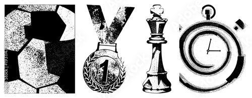Halftone rendered sports and achievement symbols, soccer ball, first place medal, chess king, stopwatch, vector, isolated elements, competitive themes.
