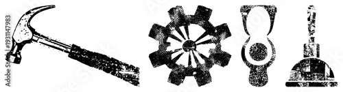 Retro halftone graphic of hammer, gear, toilet, and plunger classic repair symbols, mechanic tools, fixtures, industrial.