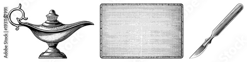 Antique genie lamp with ornate handle, engraved metal tray with halftone texture, vintage straight razor blade. Classic illustration style, isolated objects, historical design.