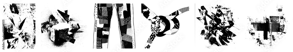 Fototapeta premium Broken polygonal shapes in halftone texture, fragmented graphic elements, vector art collage, black and white composition, modern abstract design.