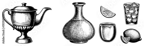 Antique teapot with lid, glass carafe, drinking glass, lemon wedge, ice filled tumbler, vintage illustration, sketch, beverage set.