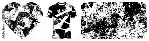 Fragmented heart silhouette, abstract t shirt print, halftone texture, vector art, graphic design elements, geometric shapes, stylized apparel, digital illustration.