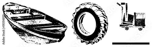 Black and white vector of a rowboat, tractor tire, and hand truck, stylized with halftone texture and bold. Classic equipment silhouettes for industrial or rural themes.