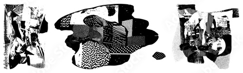 Fragmented abstract composition using halftone textures, bold organic shapes, and high contrast black and white vector design. Modern graphic art with fragmented forms and.