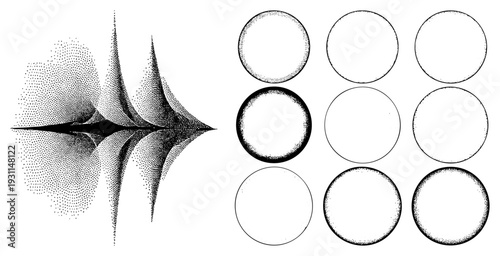 Geometric halftone wave, dotted radial gradient, vector circles, minimalist graphic, black and white composition, isolated shapes, modern art element.