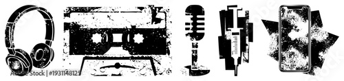 Vintage gear and modern tech in gritty black and white, including headphones, cassette deck, mic, medical syringe, and smartphone, styled as distressed vector graphics.
