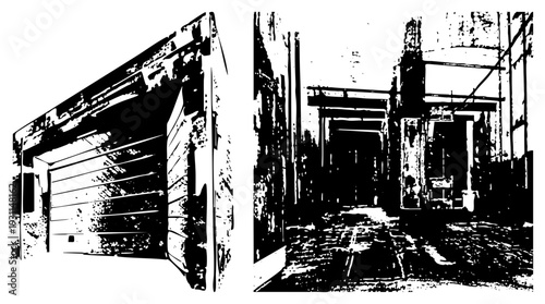 Grungy alleyway between decaying buildings, exposed beams, textured walls, urban decay, black and white vector illustration.