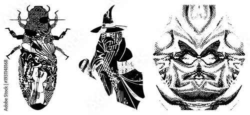 Stylized vector art featuring a beetle with geometric, a wizard in ornate robes, and a symmetrical masked face, all rendered in bold black and white halftone textures.